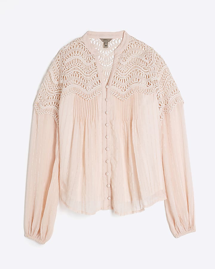 Pink Long Sleeve Pleated Lace Blouse