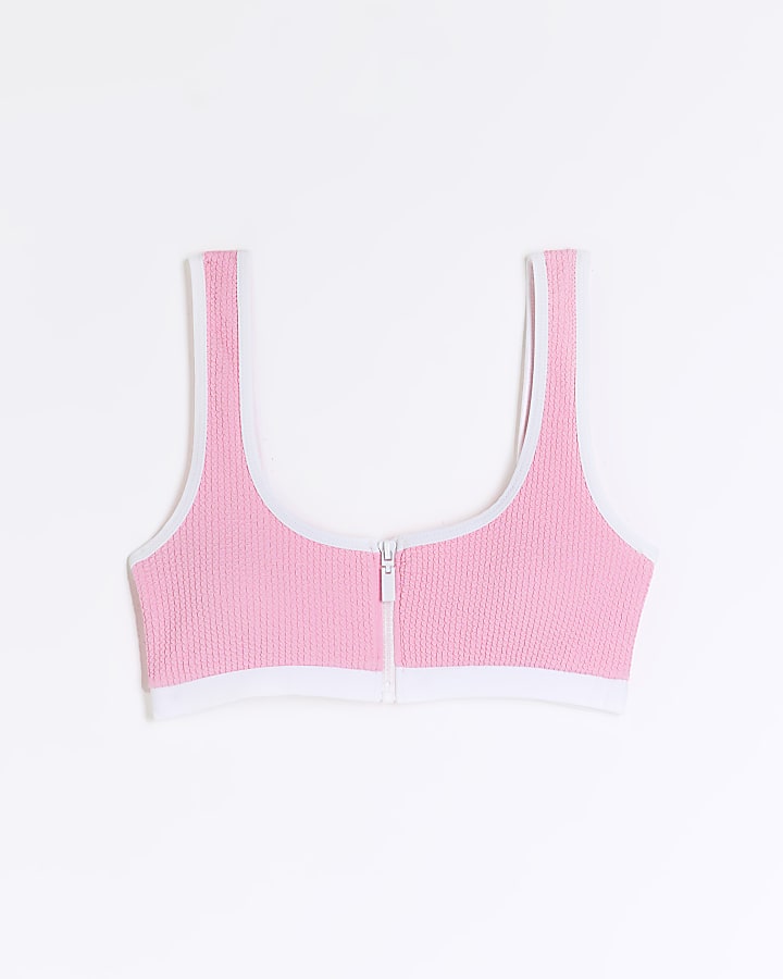 Pink Zip Front Textured Bikini Top