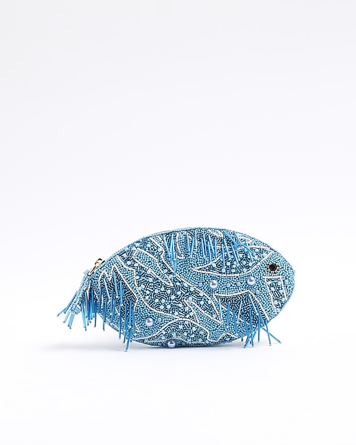 Blue Premium Beaded Zip Around Fish Pouch