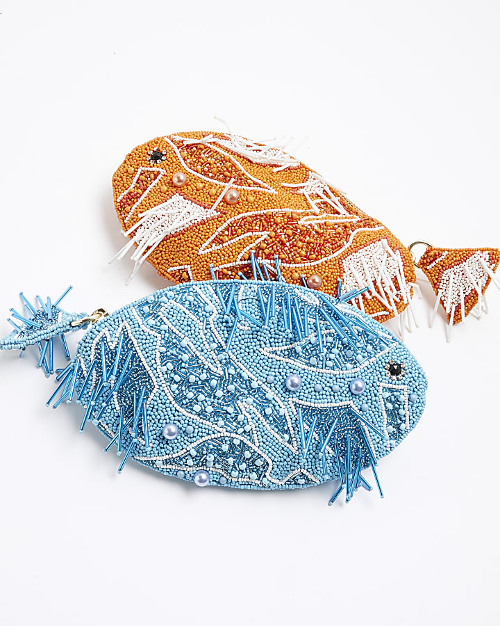 Blue Premium Beaded Zip Around Fish Pouch