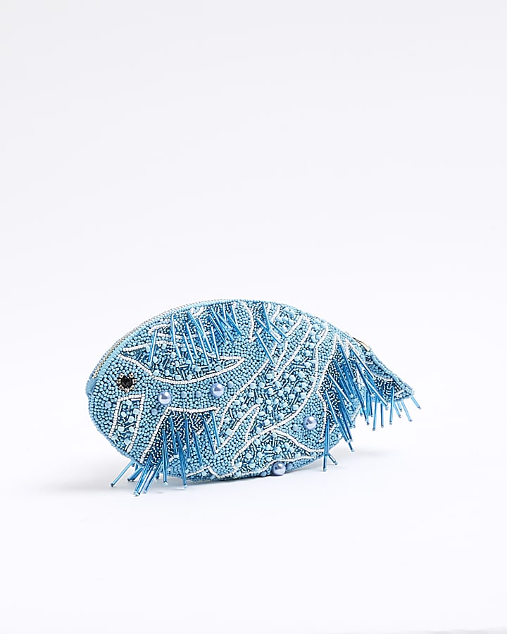 Blue Premium Beaded Zip Around Fish Pouch