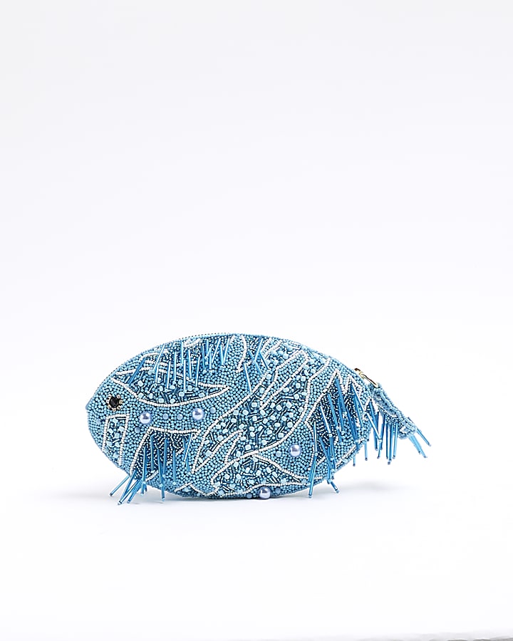 Blue Premium Beaded Zip Around Fish Pouch