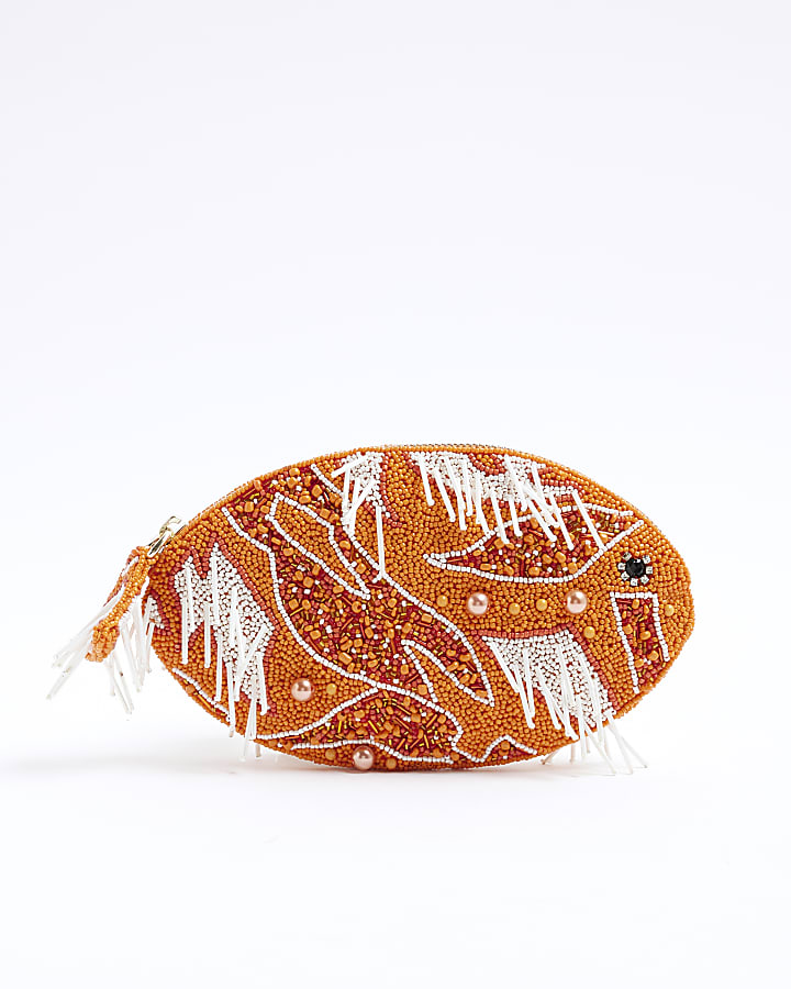 Orange Premium Beaded Zip Around Fish Pouch