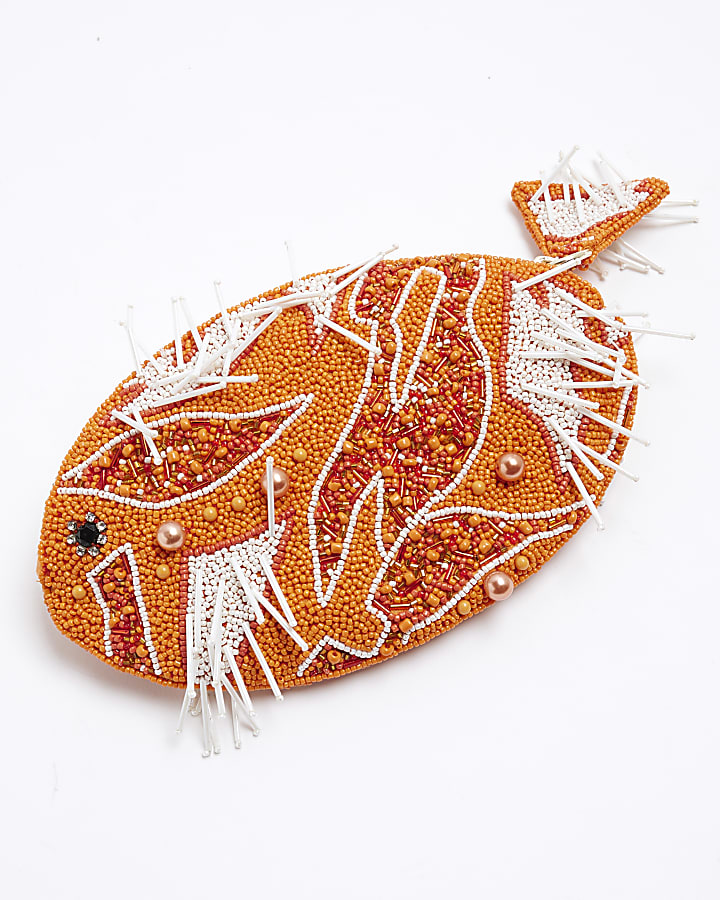 Orange Premium Beaded Zip Around Fish Pouch