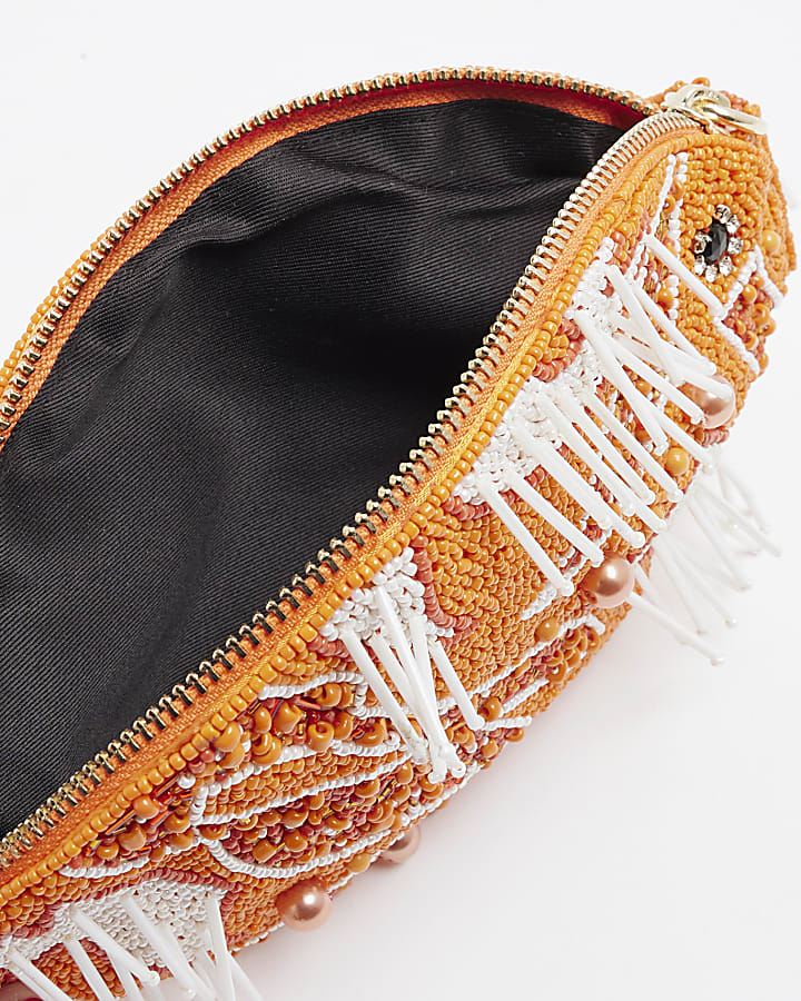 Orange Premium Beaded Zip Around Fish Pouch