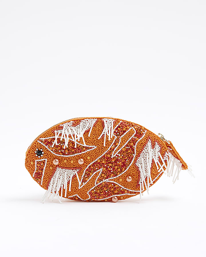 Orange Premium Beaded Zip Around Fish Pouch