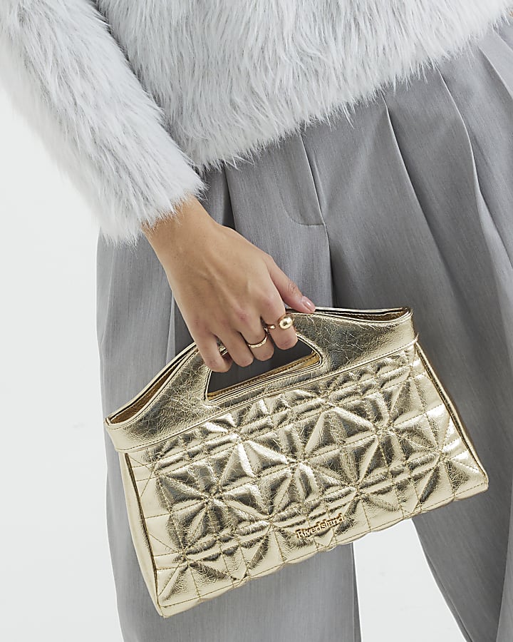 Gold Faux Leather Quilted Clutch Bag