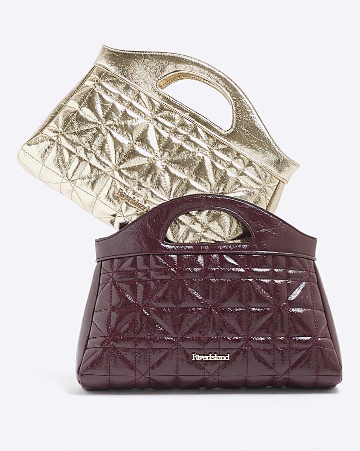 Purple Faux Leather Quilted Clutch Bag