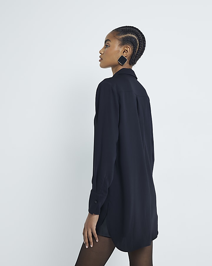 Black Long Sleeve Button Down Longline Shirt