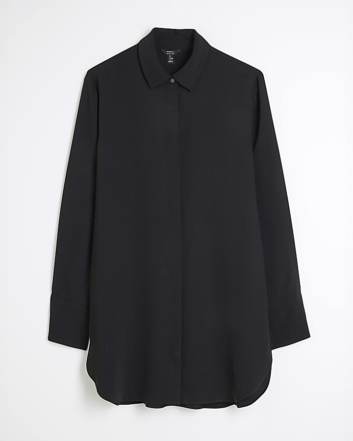 Black Long Sleeve Button Down Longline Shirt