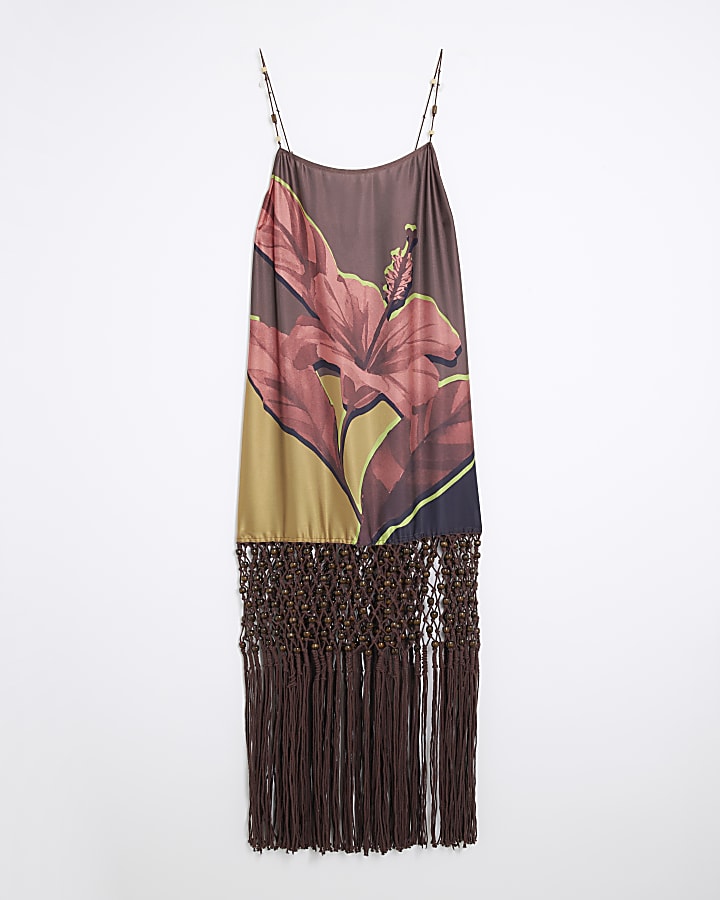 Brown Flower Print Tassel Maxi Dress