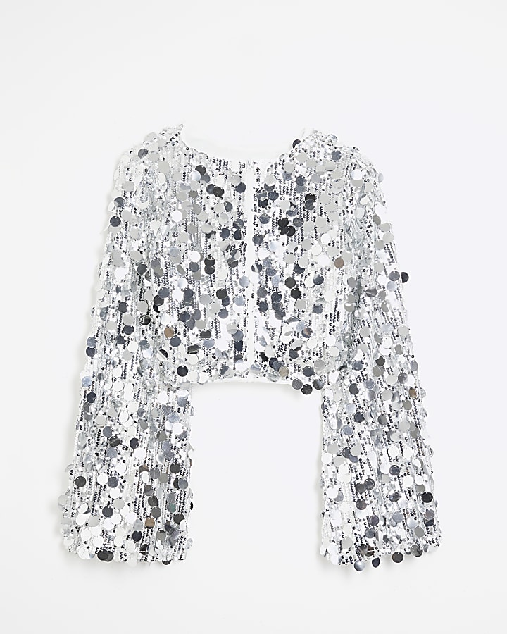 Silver Long Sleeve Sequin Crop Top