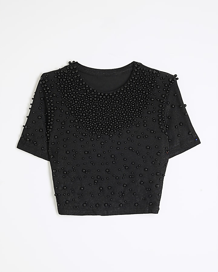 Black Short Sleeve Pearl Neck Top