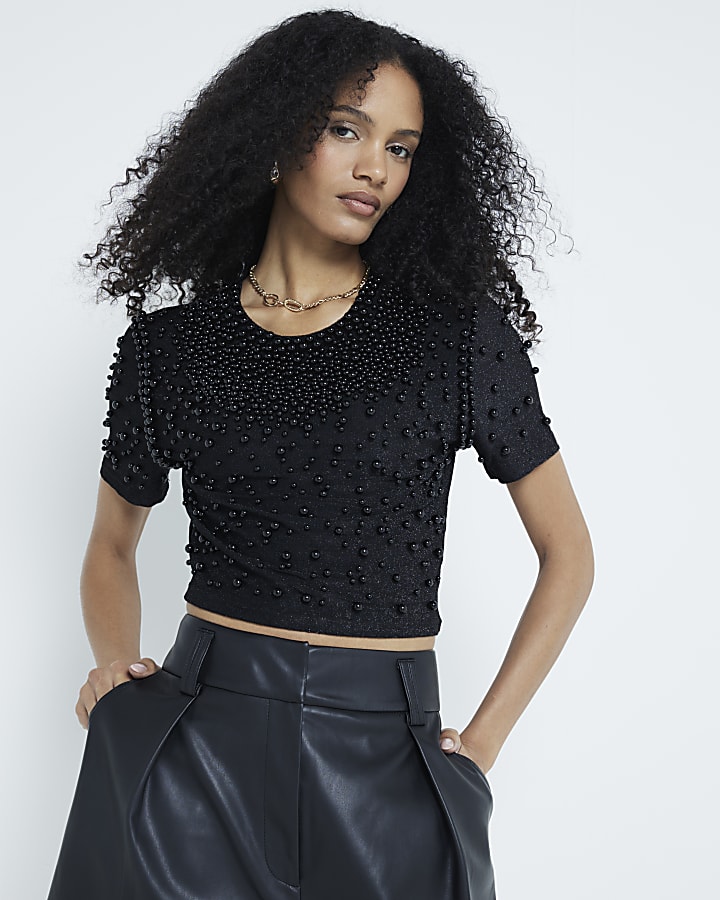 Black Short Sleeve Pearl Neck Top