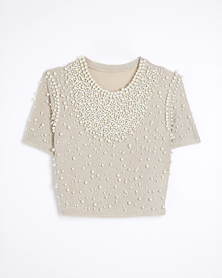 Gold Short Sleeve Pearl Top