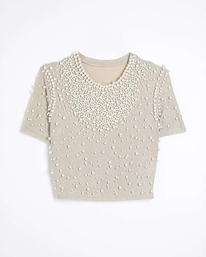 Gold Short Sleeve Pearl Top