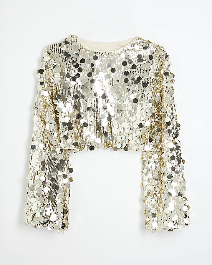 Gold Sequin Long Sleeve Crop Top