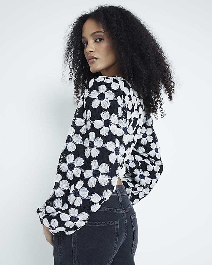 Black Long Sleeve 3D Floral Wrap Crop Top