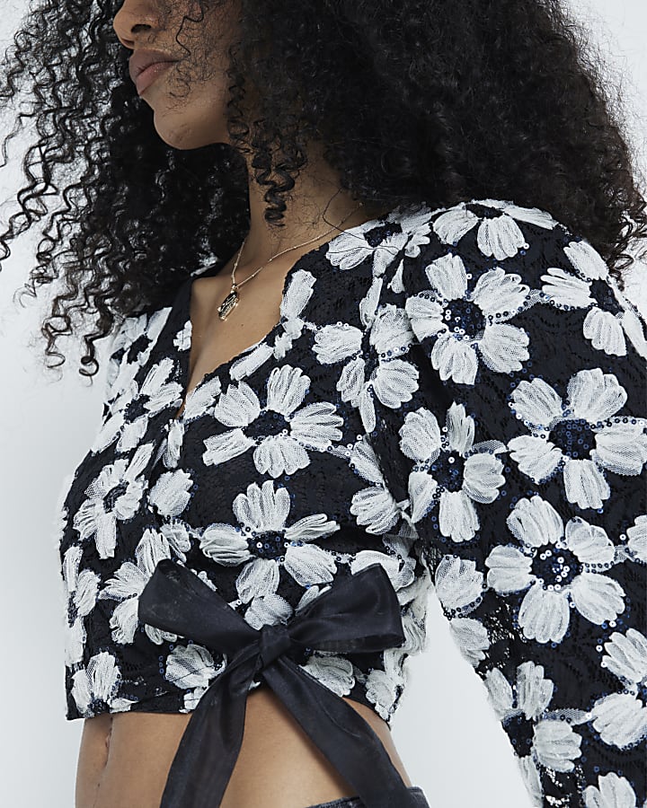 Black Long Sleeve 3D Floral Wrap Crop Top