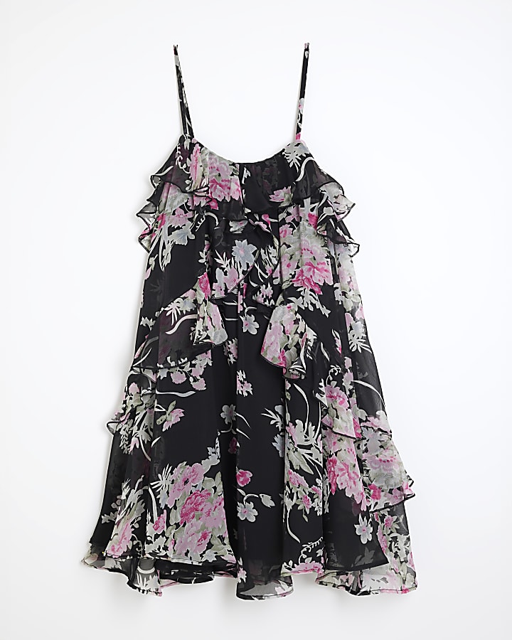 Black Floral Ruffle Mini Dress