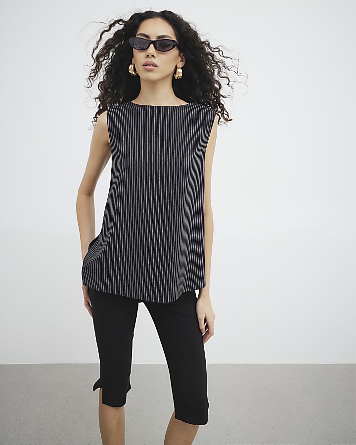 Black Button Side Topstitch Stripe Top