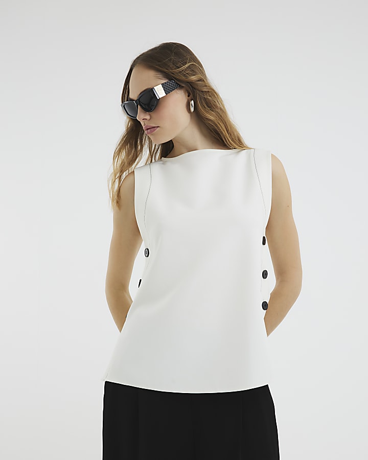 Cream Button Side Topstitch Top