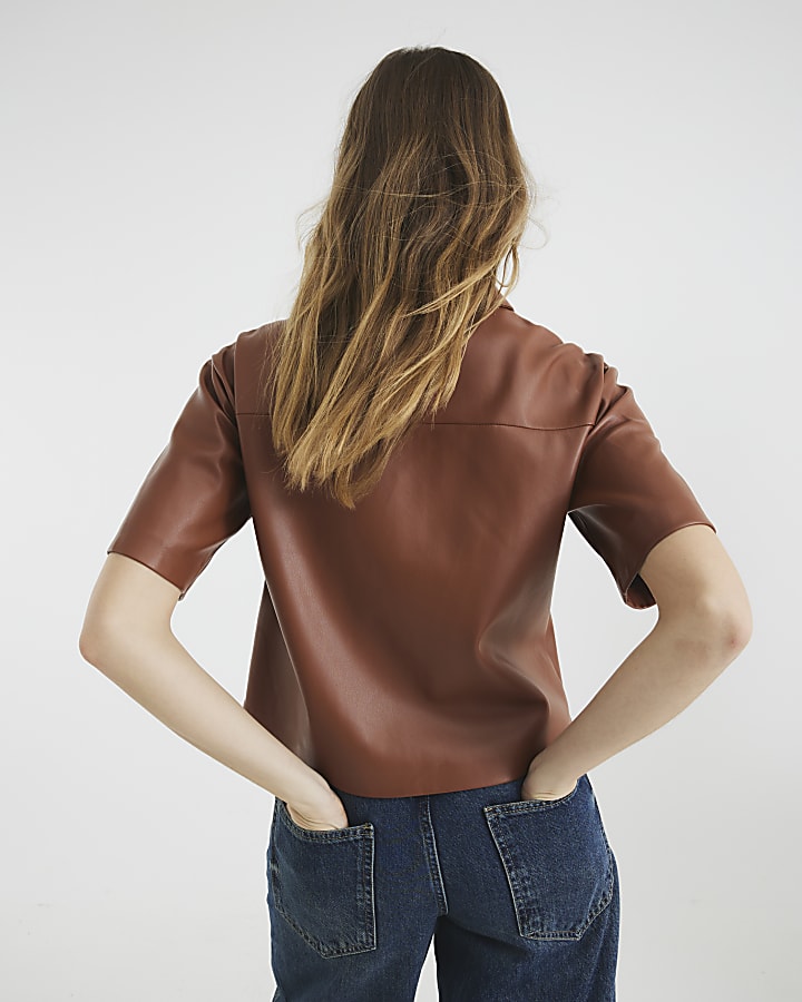 Brown Short Sleeve Faux Leather Shirt