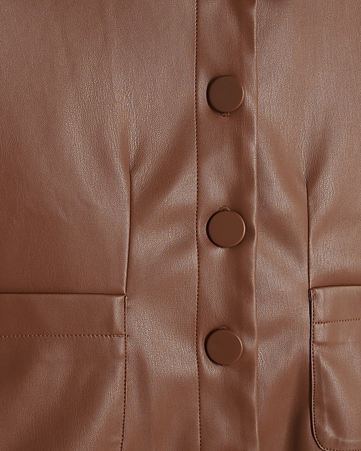 Brown Short Sleeve Faux Leather Shirt