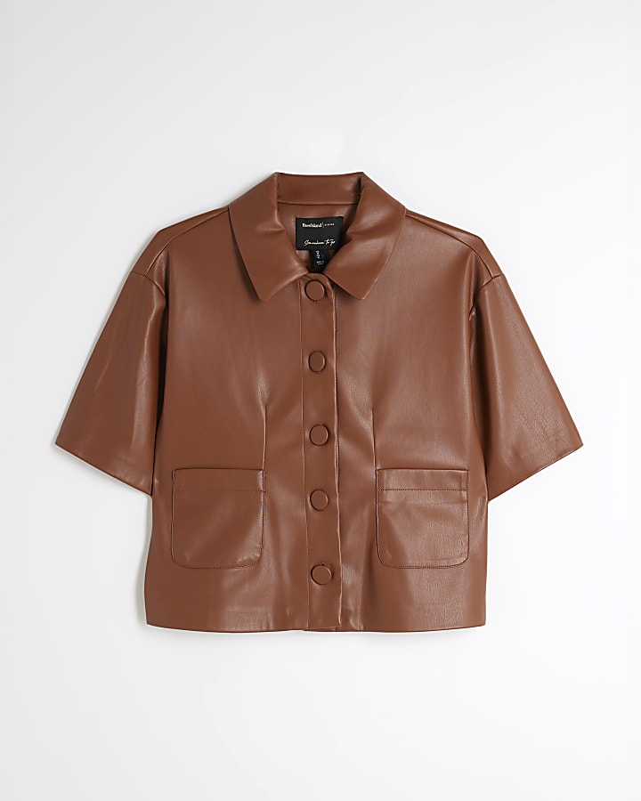 Brown Short Sleeve Faux Leather Shirt