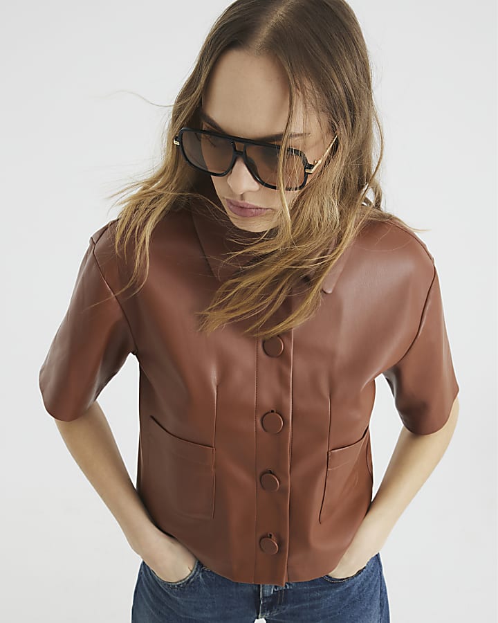 Brown Short Sleeve Faux Leather Shirt