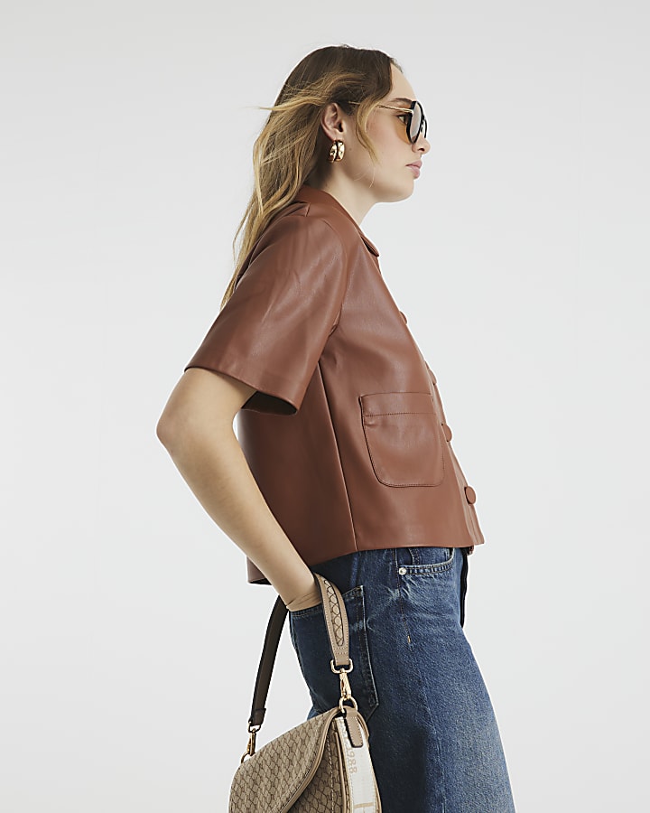 Brown Short Sleeve Faux Leather Shirt