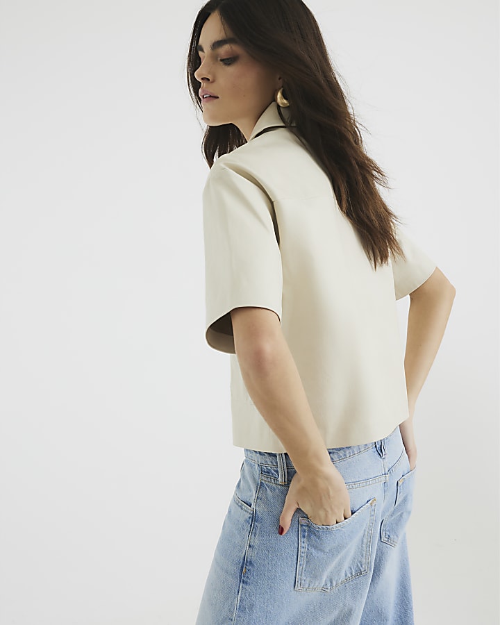 Cream Faux Leather Short Sleeve Shirt