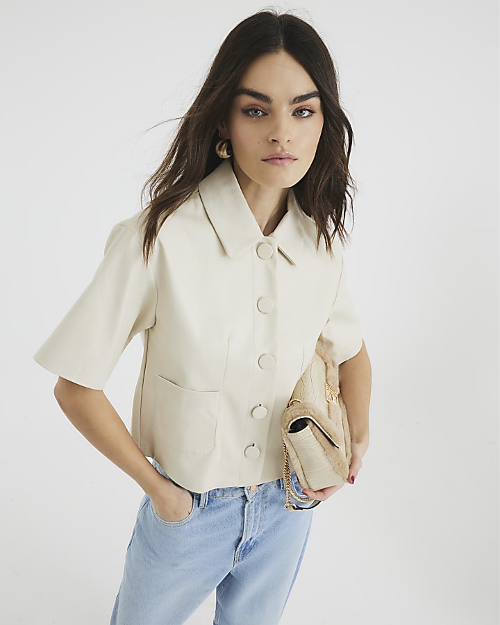 Cream Faux Leather Short Sleeve Shirt