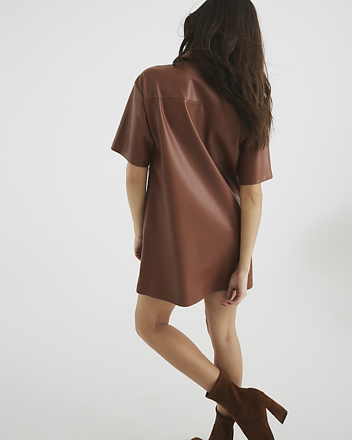 Brown Faux Leather Button T-Shirt Dress | River Island