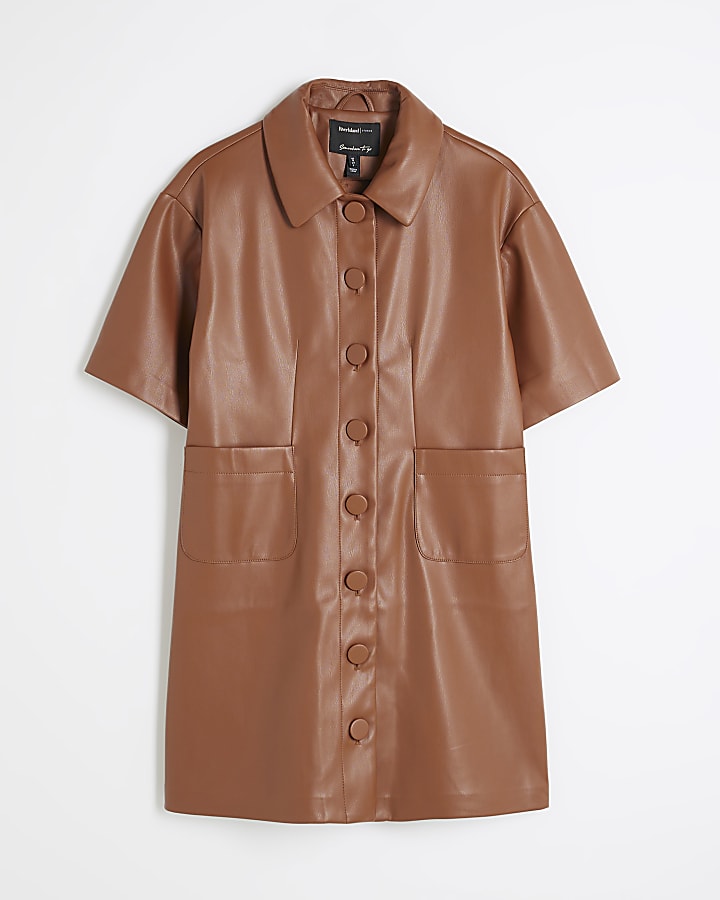 Brown Faux Leather Button Shirt Mini Dress