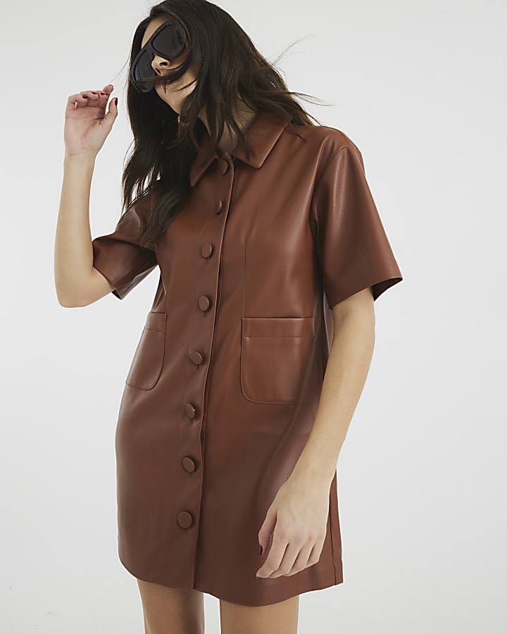 Brown Faux Leather Button T-Shirt Dress | River Island