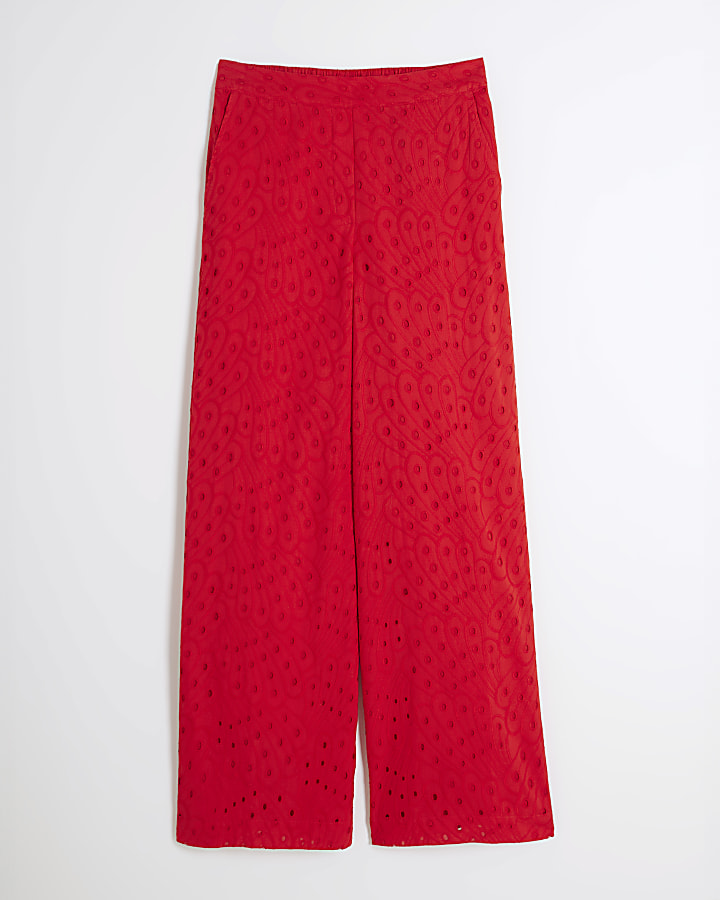 Red Broderie Wide Leg Trousers