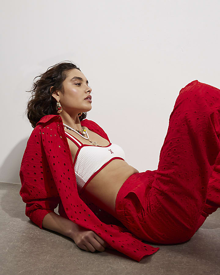 Red Broderie Wide Leg Trousers