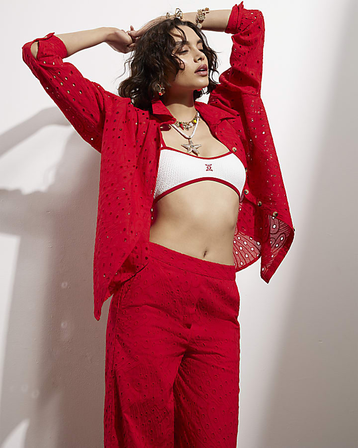 Red Broderie Wide Leg Trousers