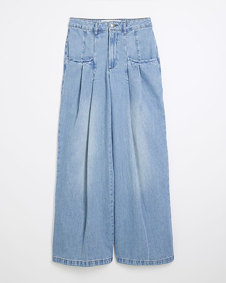 Blue Denim Tailored Wide Leg Jeans