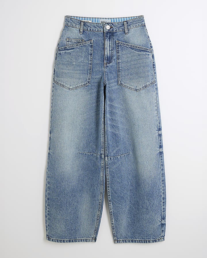 Blue Denim Pocket Front Barrel Wide Leg Jeans