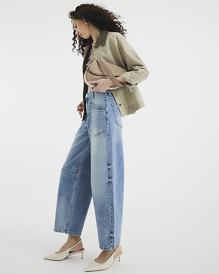 Blue Denim Pocket Front Barrel Wide Leg Jeans