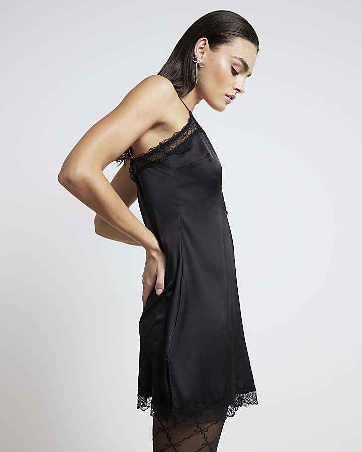 Black Satin Lace Slip Dress