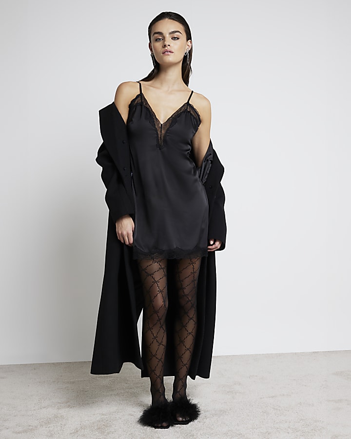 Black Satin Lace Slip Dress