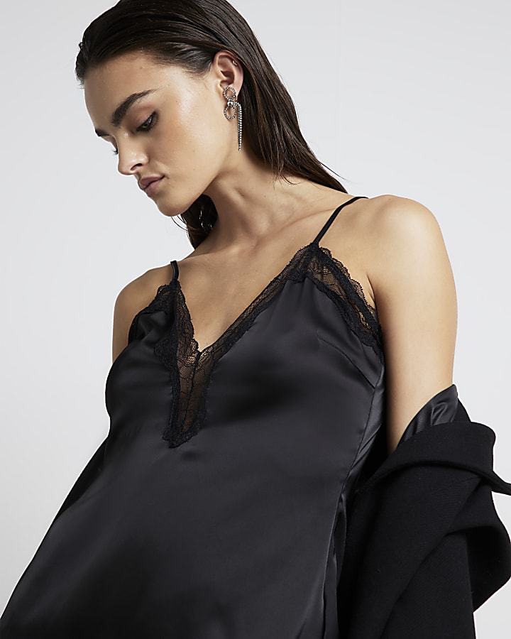 Black Satin Lace Slip Dress