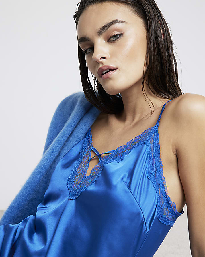 Blue Satin Lace Slip Dress