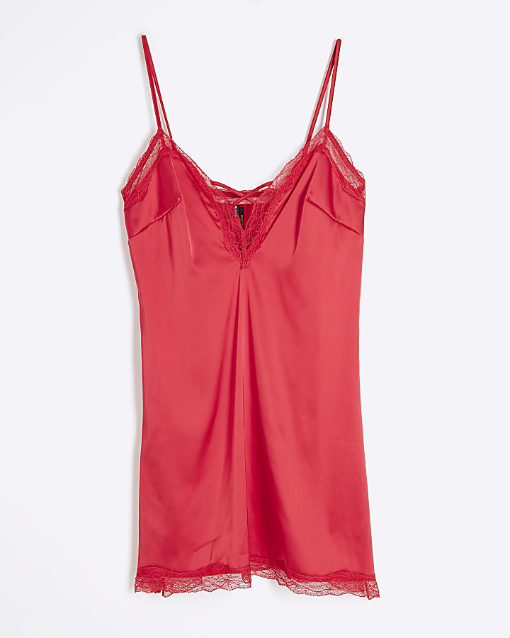 Red Satin Lace Slip Dress