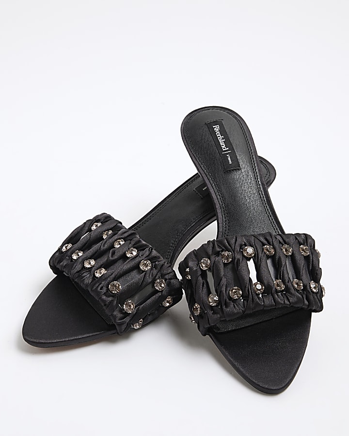 Black Satin Embellished Heeled Sandals