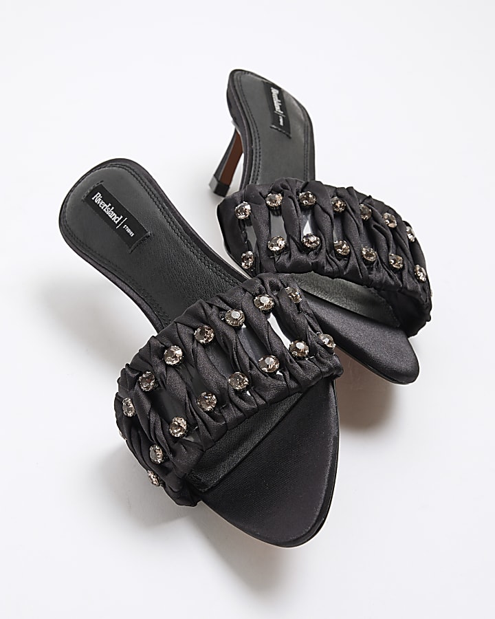 Black Satin Embellished Heeled Sandals