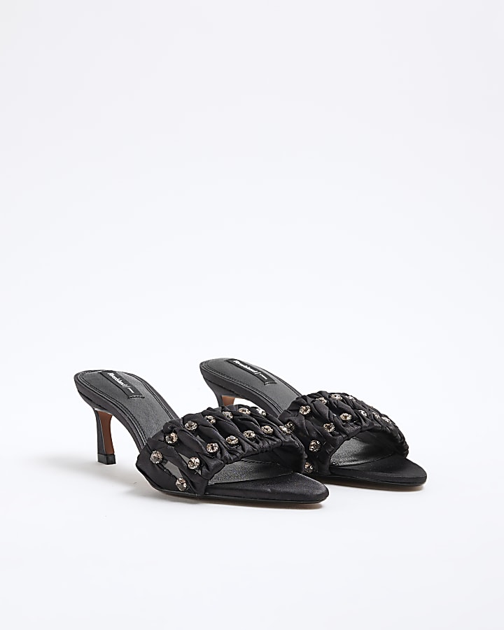 Black Satin Embellished Heeled Sandals